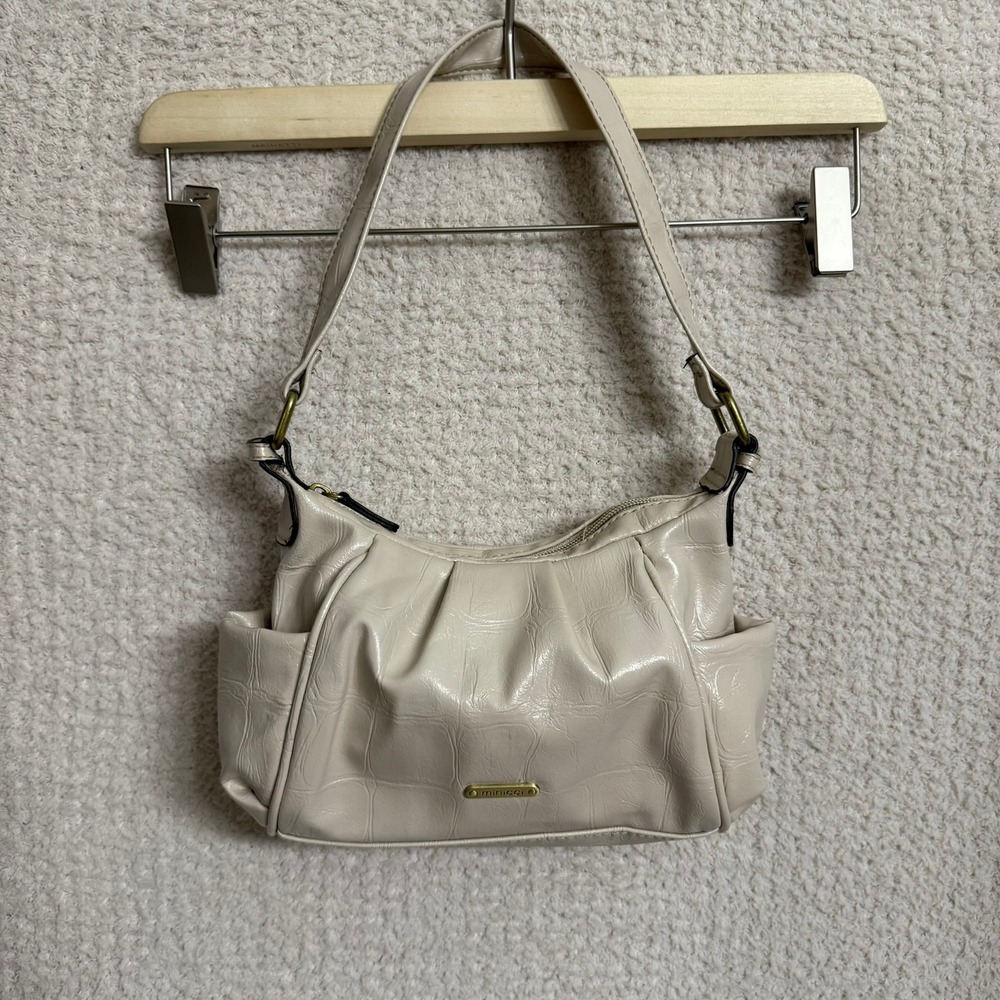 Minicci Shoulder Baguette Bag Y2K Purse Beige Faux Leather Crocodile Embossed